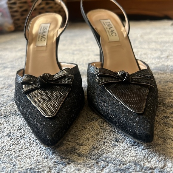 Isaac Made in Italy 8.5 Black Leather & Textile Sling Back Pointed Pumps - Picture 4 of 9